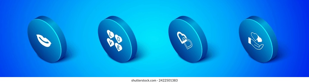 Set Isometric Smiling lips, Two Linked Hearts, hand and Love text icon. Vector