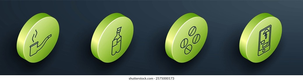 Set Isometric Smoking pipe, Bong for smoking marijuana, Medicine pill or tablet and Buying drugs online on phone icon. Vector