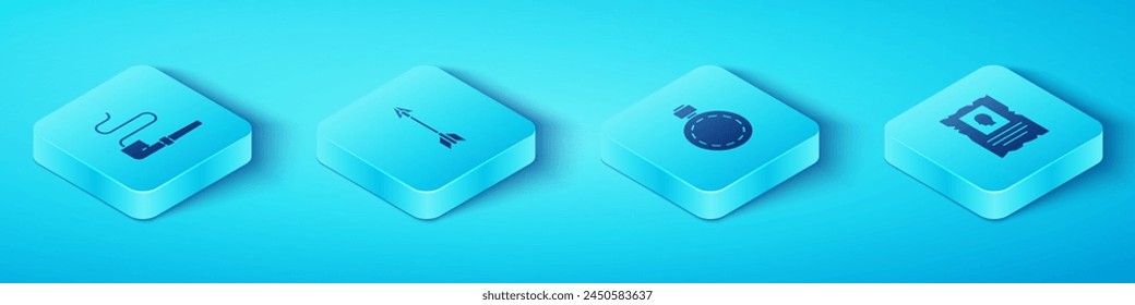 Set Isometric Smoking pipe, Crossed arrows, Wanted western poster and Canteen water bottle icon. Vector