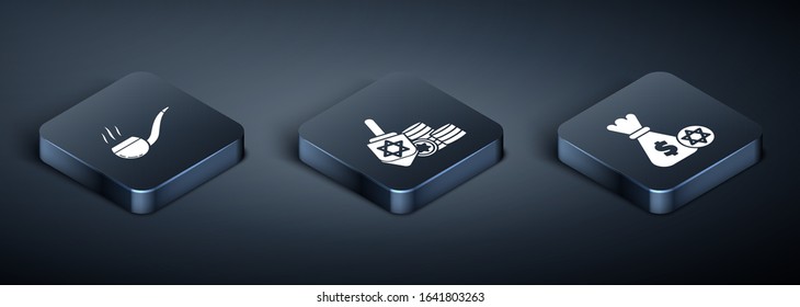 Set Isometric Smoking pipe with smoke, Jewish money bag with star of david and coin and Hanukkah dreidel and coin icon. Vector