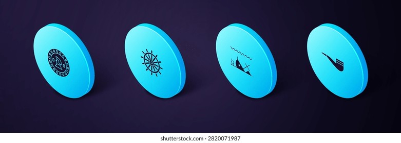 Set Isometric Smoking pipe, Sunken ship, Ship steering wheel and Pirate coin icon. Vector