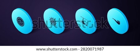Set Isometric Smoking pipe, Sunken ship, Ship steering wheel and Pirate coin icon. Vector
