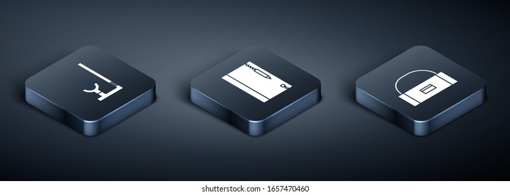Set Isometric Snorkel, Case or box container for wobbler and Underwater note book and pencil icon. Vector