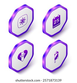 Set Isometric Snowflake, Christmas day calendar, Gift box and Firework rocket icon. Purple hexagon button. Vector