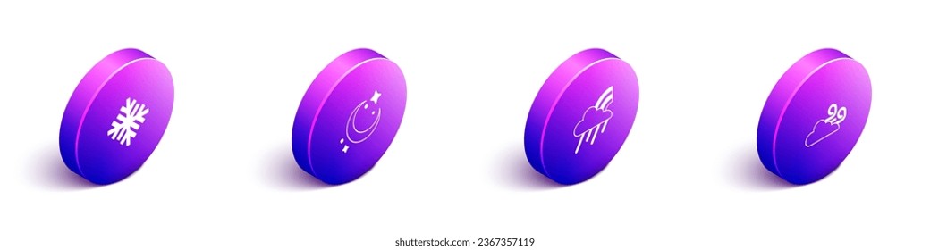 Set Isometric Snowflake, Moon and stars, Rainbow with cloud rain and Windy weather icon. Vector