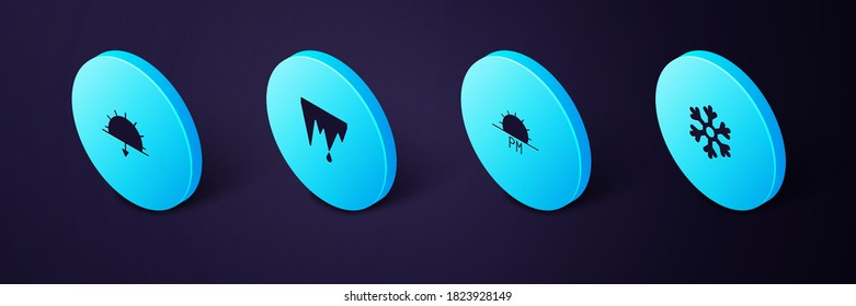 Ajuste el copo de nieve isométrico, el atardecer, el ciclo de hielo y el icono. Vector.