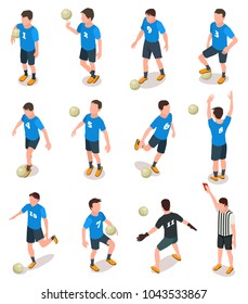 Set Of Isometric Soccer Players And Referee Icons Isolated On White. Football Team In Action, Goalkeeper Catches The Ball. Vector Illustration