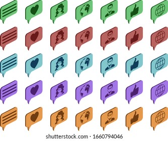 Set of isometric social icons of different colors isolated on a white background. 3D Vector illustration