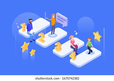 A set of isometric social network ranking illustration with stars as score or token in the block chain DAO and people vectors svg