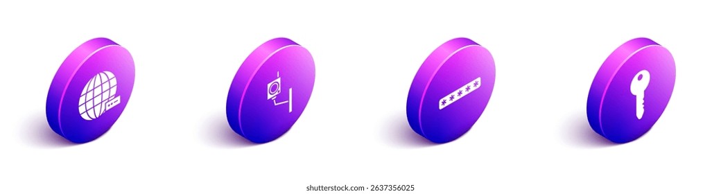Set Isometric Social network, Security camera, Password protection and Key icon. Vector