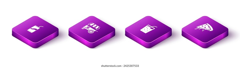 Set Isometric Soda can with drinking straw, Fast street food cart, Glass water and Slice of pizza icon. Vector