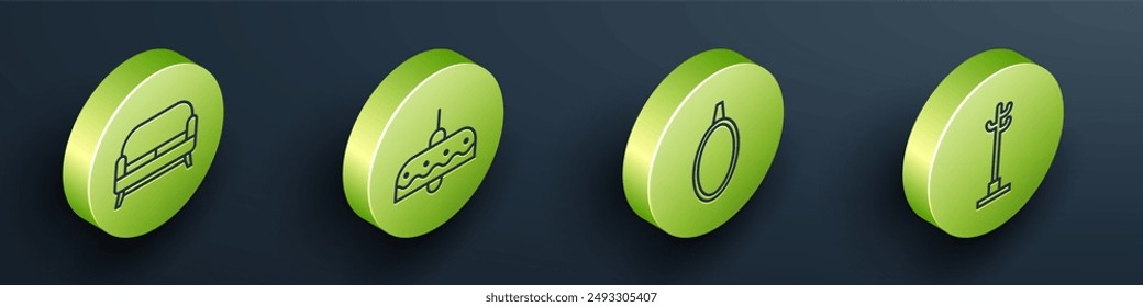 Set Isometric Sofa, Chandelier, Mirror and Coat stand icon. Vector