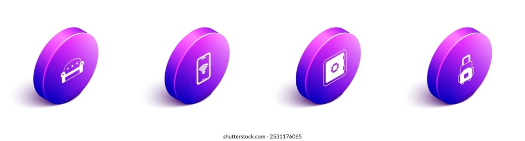 Set Isometric Sofa, Mobile with wi-fi wireless, Safe and Suitcase icon. Vector