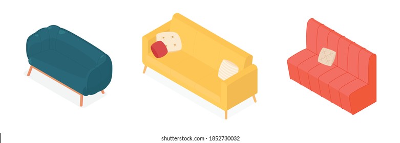 Set of isometric sofas. Vector collection. Illustration in flat design.