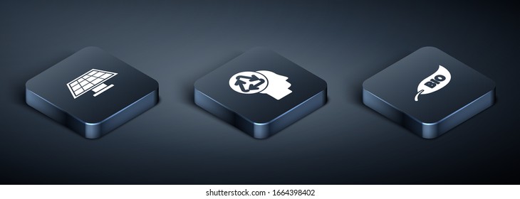 Set Isometric Solar energy panel, Leaf Bio symbol and Human head with recycle icon. Vector