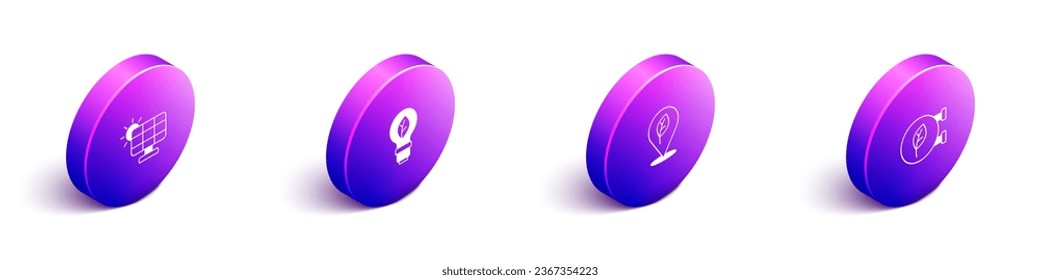 Ajuste panel de energía solar isométrica, bombilla de luz con hoja, ubicación e icono de Eco shop. Vector
