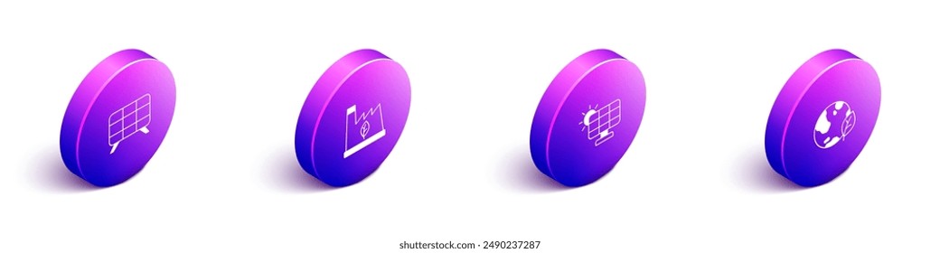 Establecer panel de energía solar isométrica, planta de reciclaje de basura, y globo de la Tierra y el icono de la hoja. Vector
