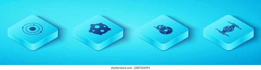 Set Isometric Solar system, Asteroid, Cosmic ship and Robot icon. Vector