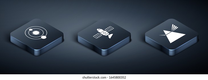 Set Isometric Solar system, Light rays in prism and Satellite icon. Vector