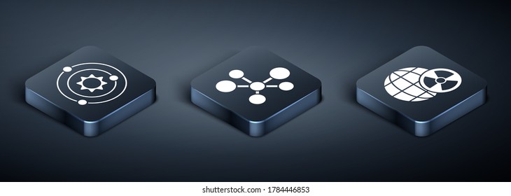 Set Isometric Solar system, Planet earth and radiation and Molecule icon. Vector
