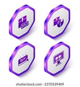 Set Isometric Sold, Hot price, Buy button and Online shopping screen icon. Purple hexagon button. Vector