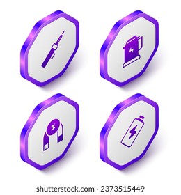 Set Isometric Soldering iron, Electric kettle, Magnet and Battery charge icon. Purple hexagon button. Vector