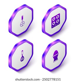 Set Isometric Spatula, Gas stove, Kitchen whisk and Chicken egg on stand icon. Purple hexagon button. Vector