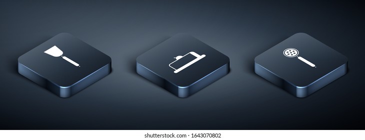 Set Isometric Spatula , Strainer spoon  and Strawberry cheesecake slice icon. Vector