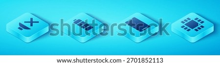 Set Isometric Speaker mute, Battery charge level indicator, Processor with microcircuits CPU and Smartphone, mobile phone icon. Vector