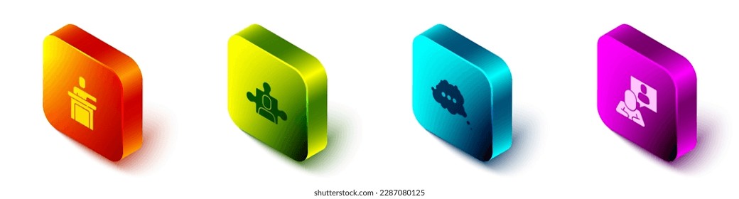 Set Isometric Speaker, Project team base, Speech bubble chat and Head hunting icon. Vector