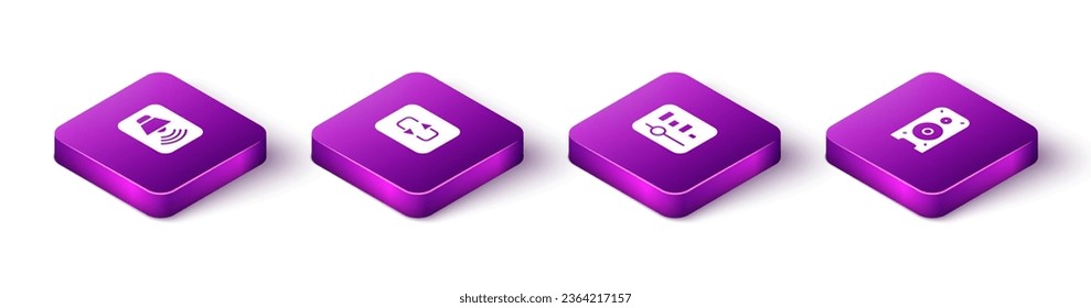 Set Isometric Speaker volume, Repeat button, Music equalizer and Stereo speaker icon. Vector