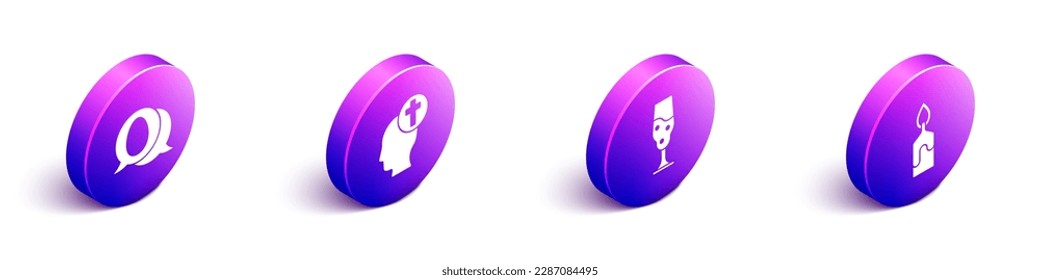 Set Isometric Speech bubble with easter egg, Human head with christian cross, Wine glass and Burning candle icon. Vector