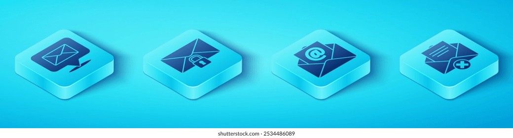 Defina o balão Isometric Speech com envelope, senha de bloqueio de mensagem de e-mail, Excluir envelope e ícone de e-mail e e-mail. Vetor