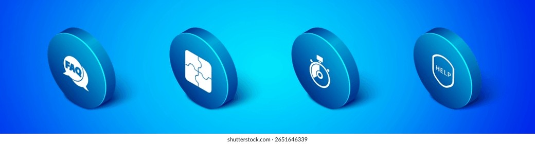 Set Isometric Speech bubble with FAQ, Stopwatch, Shield text Help and Piece of puzzle icon. Vector