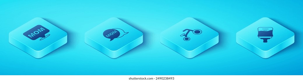 Set Isometric Speech bubble mom, Baby bottle and Bicycle for kids icon. Vector