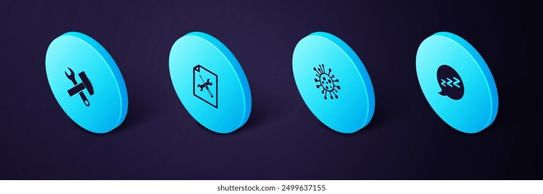 Set Isometric Speech bubble with snoring, Bacteria, File document service and Crossed hammer and wrench icon. Vector