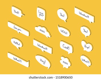 Set of isometric speech bubbles. Questions speech bubbles set in flat design with short messages.