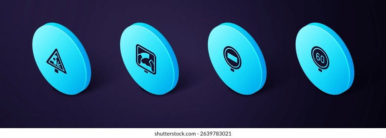 Set Isometric Speed limit traffic, Stop sign, Drawbridge ahead and Warning road icon. Vector