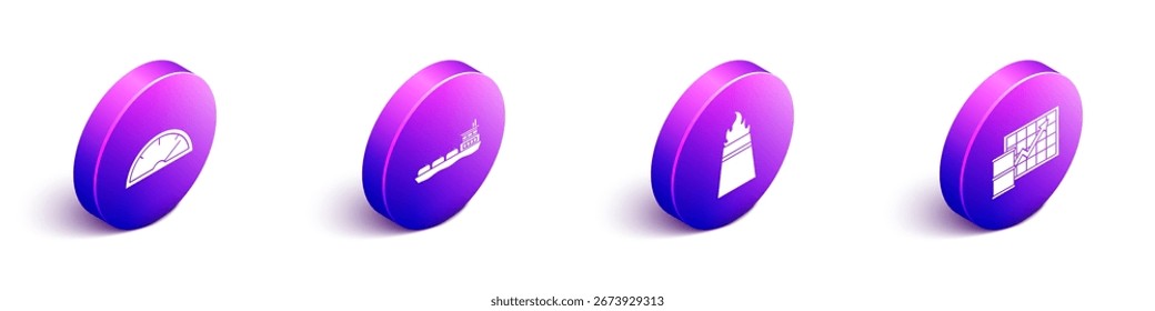 Conjunto de velocímetro isométrico, barco petrolero, plataforma petrolera con fuego e ícono de aumento de Precio de petróleo. Vector