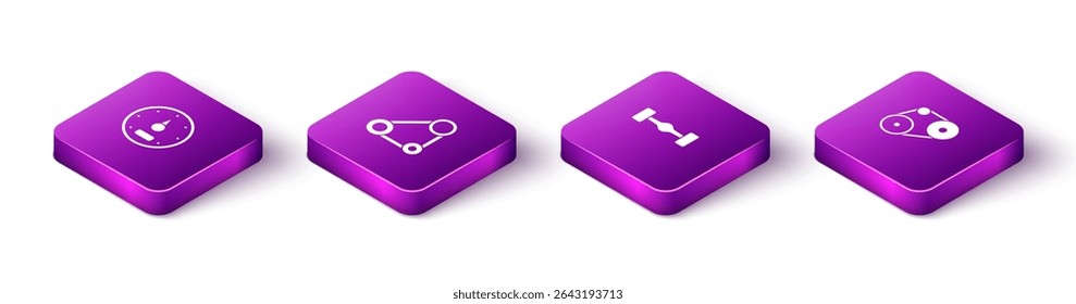 Set Isometric Speedometer, Timing belt kit, Chassis car and  icon. Vector