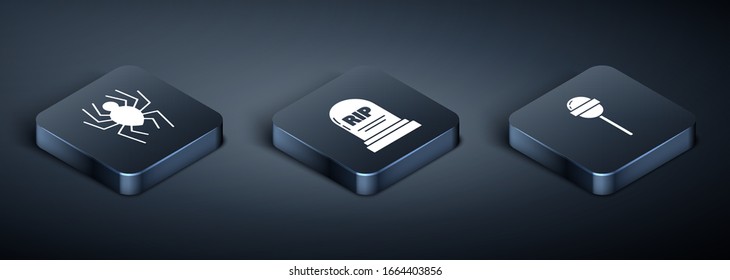Set Isometric Spider , Lollipop  and Tombstone with RIP icon. Vector