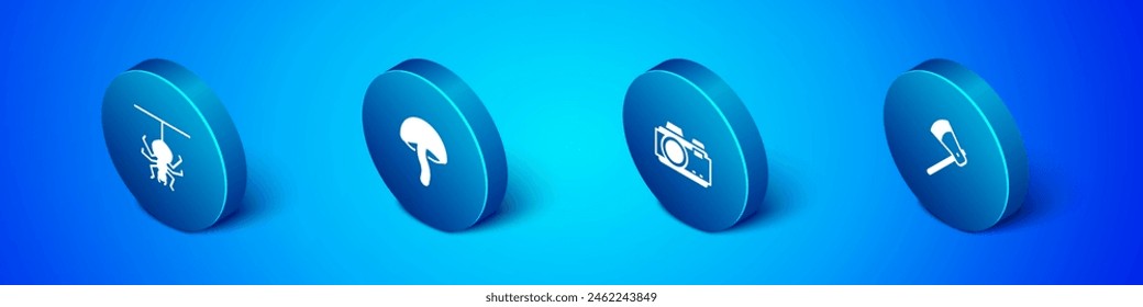 Conjunto de araña isométrica, cámara de fotos, hacha de madera e icono de hongo. Vector