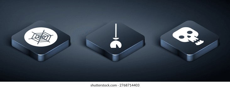 Set Isometric Spider web, Skull and Witches broom icon. Vector