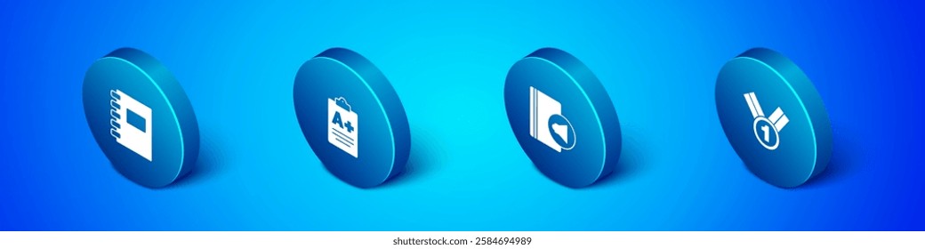 Set Isometric Spiral notebook, Audio, Medal and Exam sheet with plus grade icon. Vector