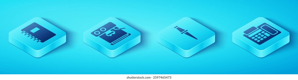 Set Isometric Spiral notebook, Coffee machine, Telephone and Push pin icon. Vector