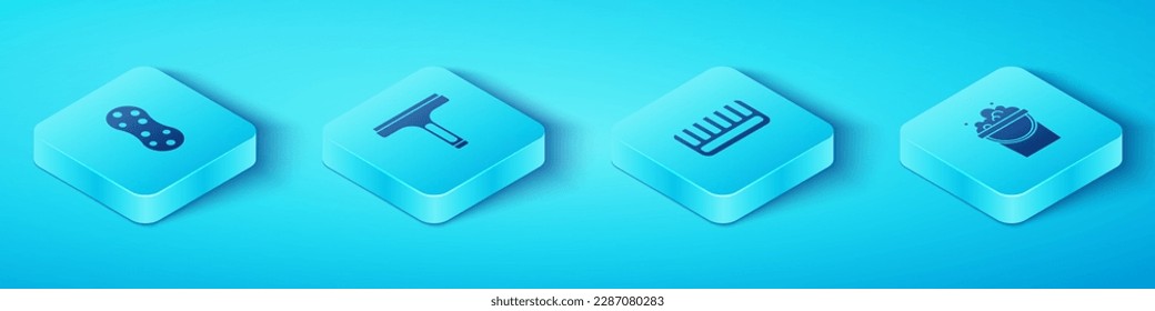 Ajuste Esponja isométrica, Limpiador de caucho, Cubo con suds de jabón e icono de pincel de pelo. Vector