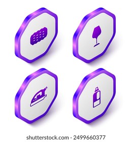 Set Isometric Sponge, Wine glass, Electric iron and Bottle for detergent icon. Purple hexagon button. Vector