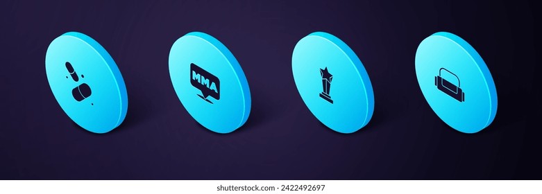 Set Isometric Sport bag, Award cup, Fight club MMA and Vitamin pill icon. Vector