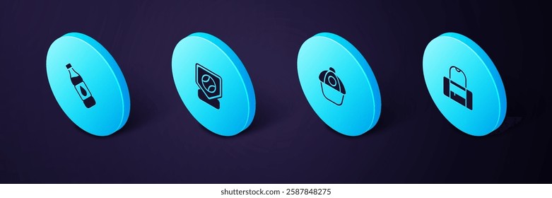 Set Isometric Sport bag, Baseball cap, base and Bottle of water icon. Vector