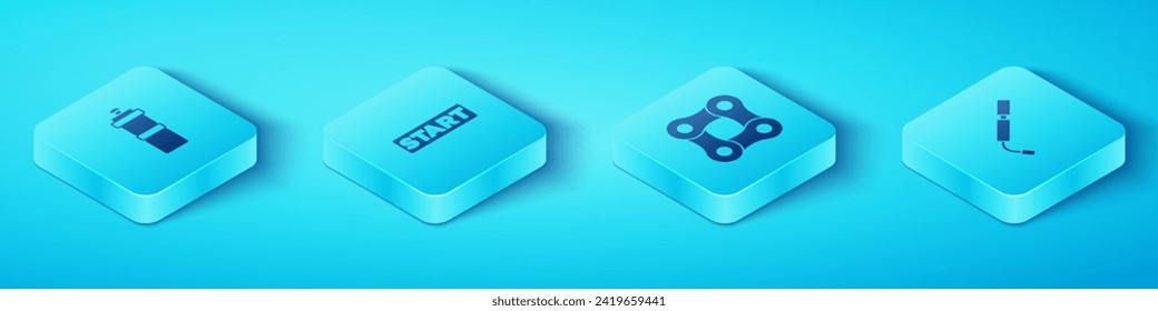 Set Isometric Sport bottle with water, Ribbon in finishing line, Bicycle air pump and chain icon. Vector